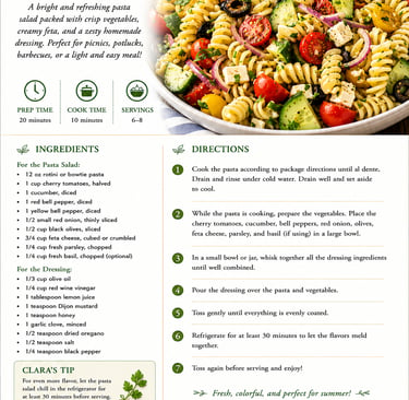 Summer pasta salad recipe card with fresh vegetables, rotini, feta cheese, and homemade lemon herb dressing.