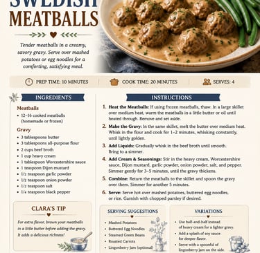 Recipe card for Classic Swedish Meatballs with savory cream gravy and serving suggestions.