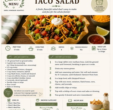 A colorful taco salad recipe card with ground beef, avocado, and cheese in a tortilla bowl.