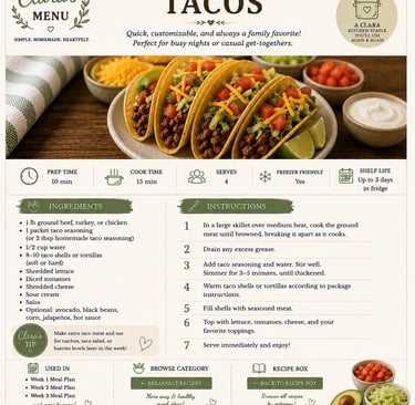 Ground beef tacos recipe card with ingredients and instructions for a quick family dinner.