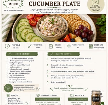 Healthy tuna salad recipe card with cucumber slices, crackers, and fruit on a wooden plate.