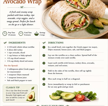 Turkey and avocado wrap recipe card featuring sliced whole wheat tortillas filled with deli meat and fresh vegetables.