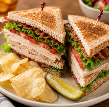 Classic turkey club sandwich on toasted bread served with potato chips and a pickle spear.
