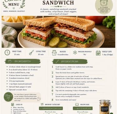 A classic turkey club sandwich recipe card with ingredients and instructions for making a triple-decker sandwich with bacon