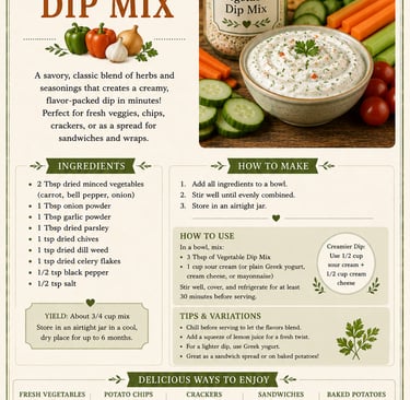 Infographic for a homemade vegetable dip mix recipe featuring ingredients, instructions, and serving suggestions with fresh