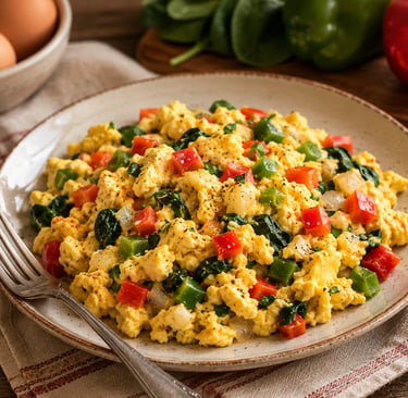 Vegetable egg scramble with colorful peppers served on a breakfast plate.