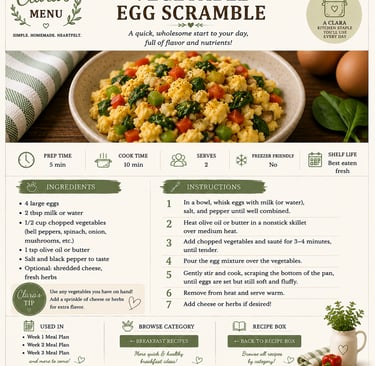 Healthy vegetable egg scramble recipe card featuring sautéed peppers, spinach, and fluffy scrambled eggs in a bowl.