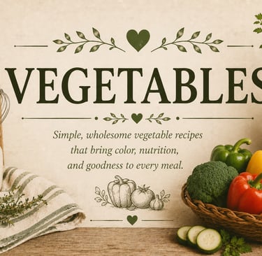Vintage vegetable recipe category header with fresh garden produce in a warm farmhouse kitchen setti