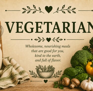 Rustic vegetarian cooking layout with fresh vegetables, kitchen utensils, and wholesome meal quote.
