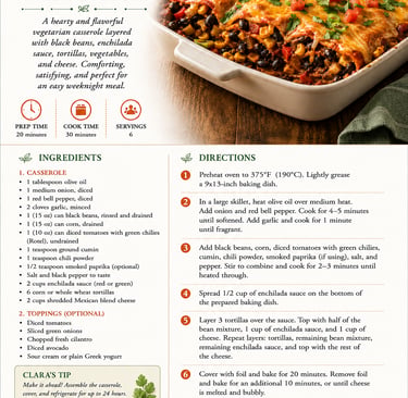 A recipe card for a vegetarian black bean enchilada casserole with ingredients and cooking instructions.