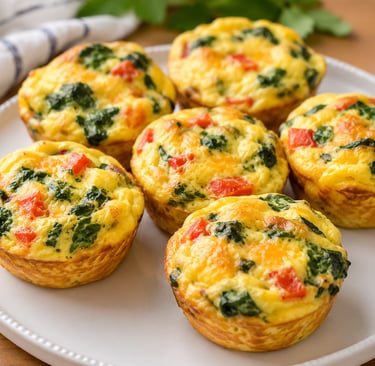Freshly baked healthy egg muffins with spinach and red peppers served on a white plate.