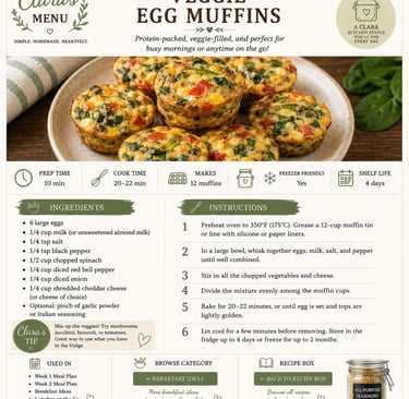 Recipe card for Veggie Egg Muffins with spinach, red bell pepper, and cheddar cheese ingredients.