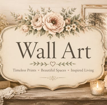 Elegant vintage wall art signage featuring botanical floral illustrations, a candle, and rustic home decor.