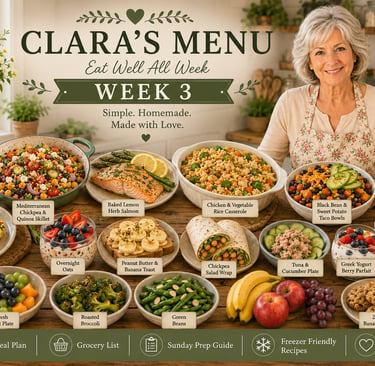 A weekly meal prep plan featuring healthy homemade dishes like salmon, quinoa skillet, and fresh vegetables.