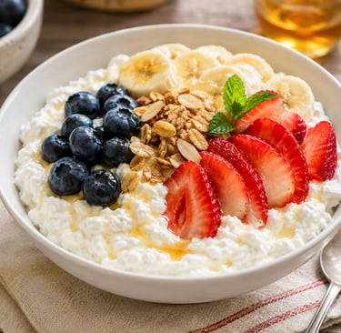 Whipped cottage cheese bowl topped with fresh mixed fruit.