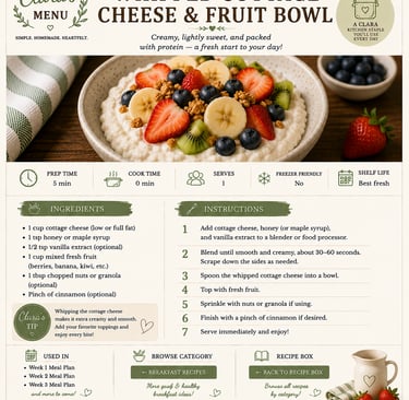 Recipe card for a whipped cottage cheese and fruit bowl topped with strawberries, blueberries, and bananas.
