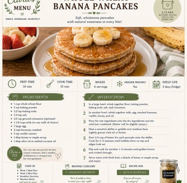 Recipe card for healthy whole wheat banana pancakes featuring ingredients and cooking instructions.