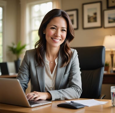 A woman working on her laptop on her desk in her home office.