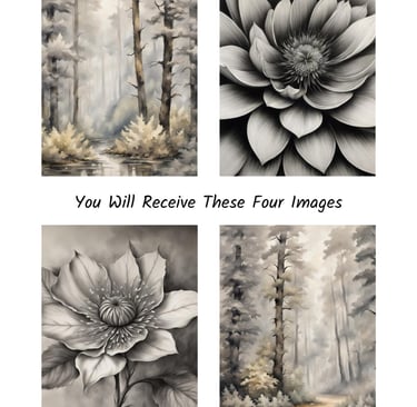 Set of four grayscale nature art prints featuring misty pine forests and detailed floral botanical illustrations.