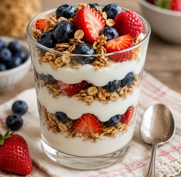 Greek Yogurt Berry Parfait  Description: Layers of creamy Greek yogurt, fresh berries, and homemade 