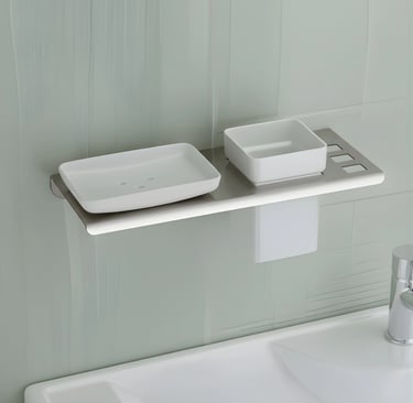 A  soap dish with brush holder displayed