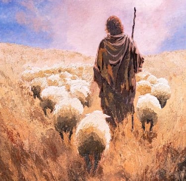 Faith inspired art by Martin Osner of a shepherd guiding sheep, symbolising faith, guidance and protection