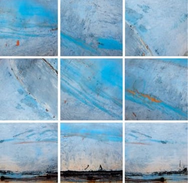 Abstract photographic collage with blue textured layers and soft tonal movement