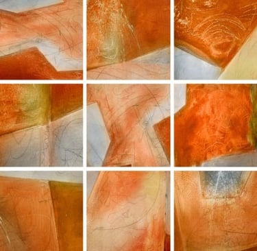 Abstract photographic collage with warm orange textures and layered surfaces