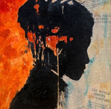 Faith inspired art by Martin Osner titled Be Still, textured silhouette with script symbolising stillness with God