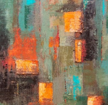Abstract painting with textured blocks in orange and teal on a muted green background