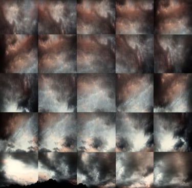 Abstract photographic collage of dramatic sky and layered cloud formations
