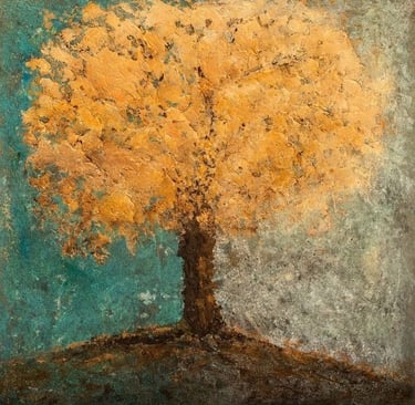 Faith inspired tree artwork by Martin Osner with golden tones symbolising strength and growth