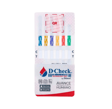 D-Check multi-panel drug test kit with color-coded result strips for THC, COC, and AMP screening.