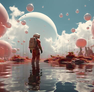 a man in a space suit standing in front of a red planet