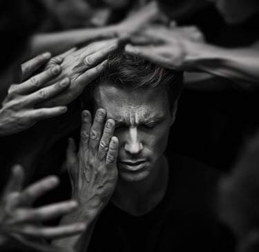 a man with his hands on his head and hands on his head