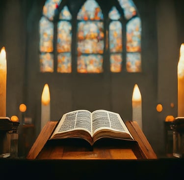 a Bible opened to show a book with candles and candles