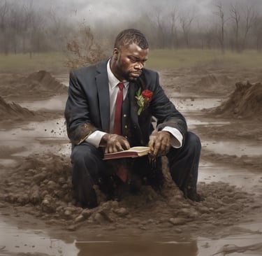a man in a suit and tie sitting in a muddy puddle