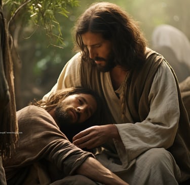 Jesus in a robe is laying on a pile of wood