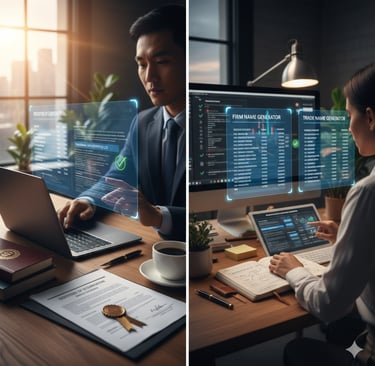 lady searching on laptop firm name generator