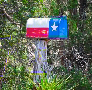 Rural Texas mailbox painted with the Texas state flag design, set against a typical Texas cedar brush background
