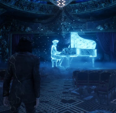 Test Expedition 33 Clair Obscur a man in a suit and tie standing in front of a piano
