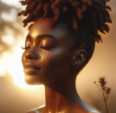 : Woman with bantu knots face toward sky in emotional release moment
