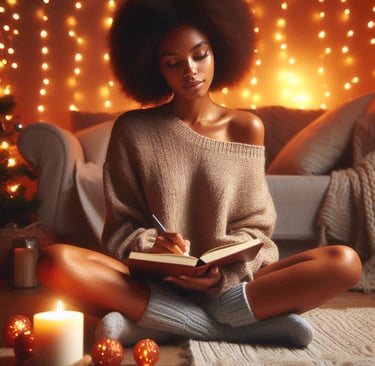 Flat lay of healing tools including journal, candle, tea, and affirmation cards