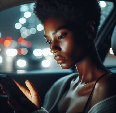 Woman sitting in car at night holding phone with emotional expression