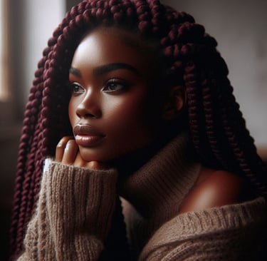 Black woman with burgundy braids in deep thought looking out window