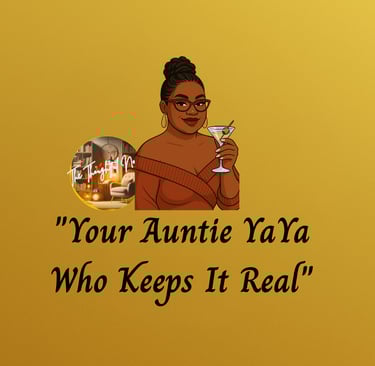 Warm smiling auntie with locs in bun holding cocktail