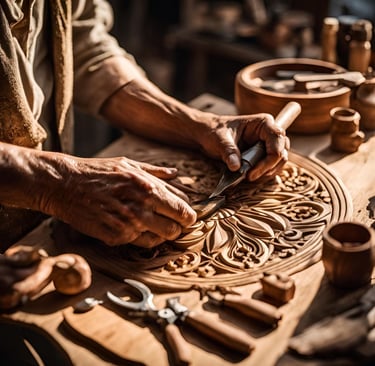 mains d'un scupture sur bois au travail
