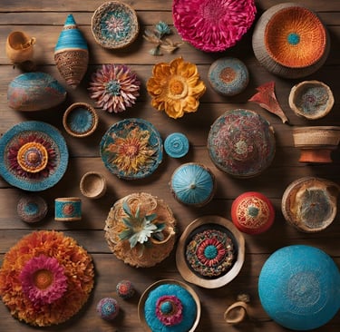 objets artisanaux nature sur une table en bois brut