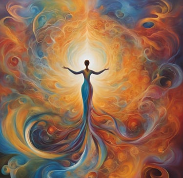 illustration imagée de l'aspect spitituel de l'art: femme de dos tendant les bras à l'infini