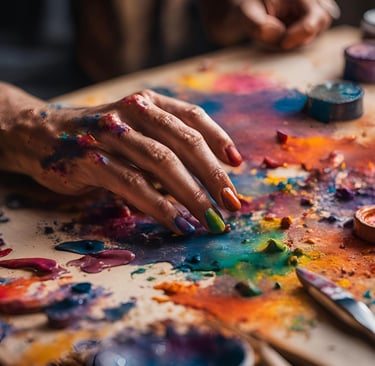 main d'artiste couverte de peinture